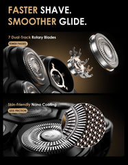 TEKARC 7D Pro dual‑track blades detail for closer shaves