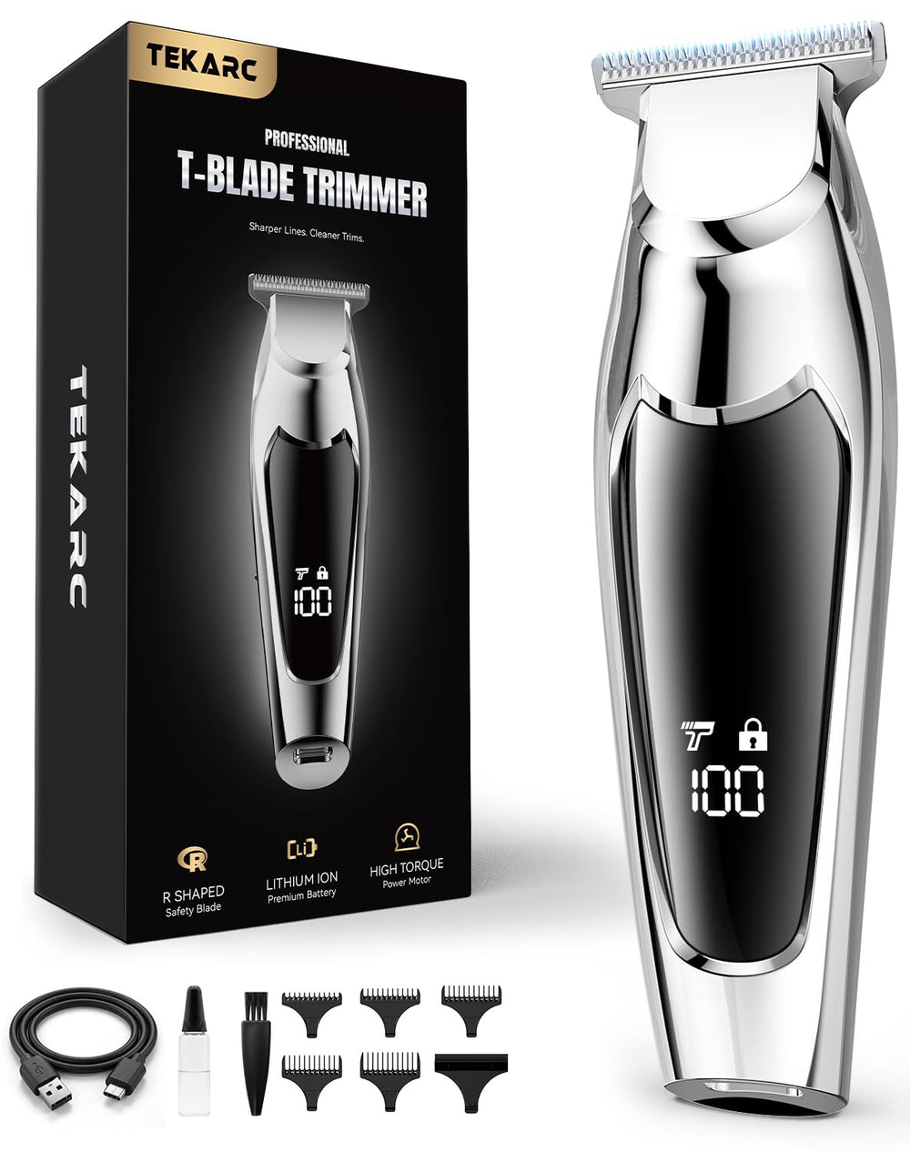 TEKARC trimmer front view showing ergonomic grip and slim profile for comfortable control