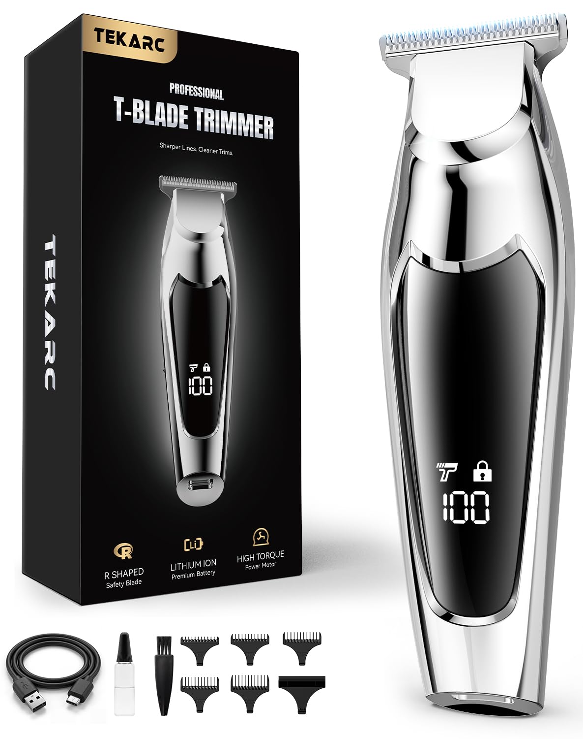 TEKARC trimmer front view showing ergonomic grip and slim profile for comfortable control