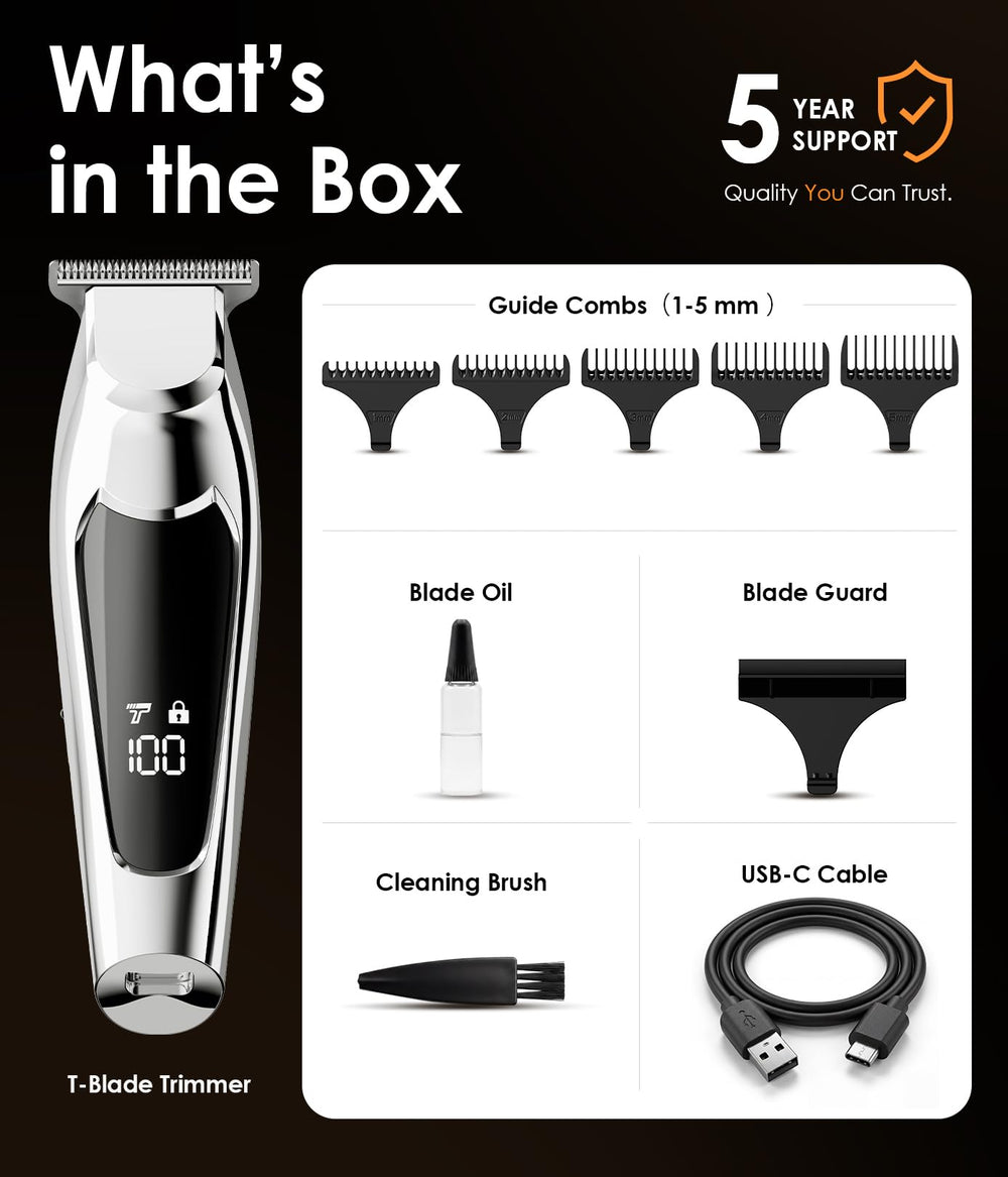 TEKARC trimmer with travel lock, blade guard and USB-C cable packed for travel convenience
