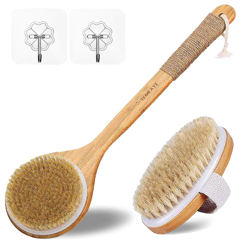 TEMEAYE long-handle brush front view shows ergonomic grip and reach benefit