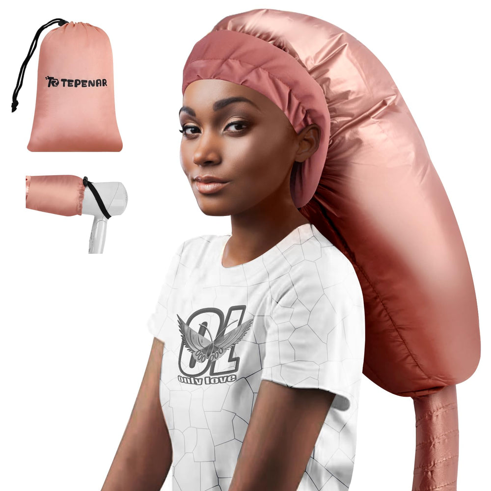 TEPENAR front view of rose gold hooded bonnet showing full coverage and fast drying benefit