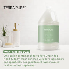 Terra Pure label close-up highlighting green tea scent and ingredient benefits