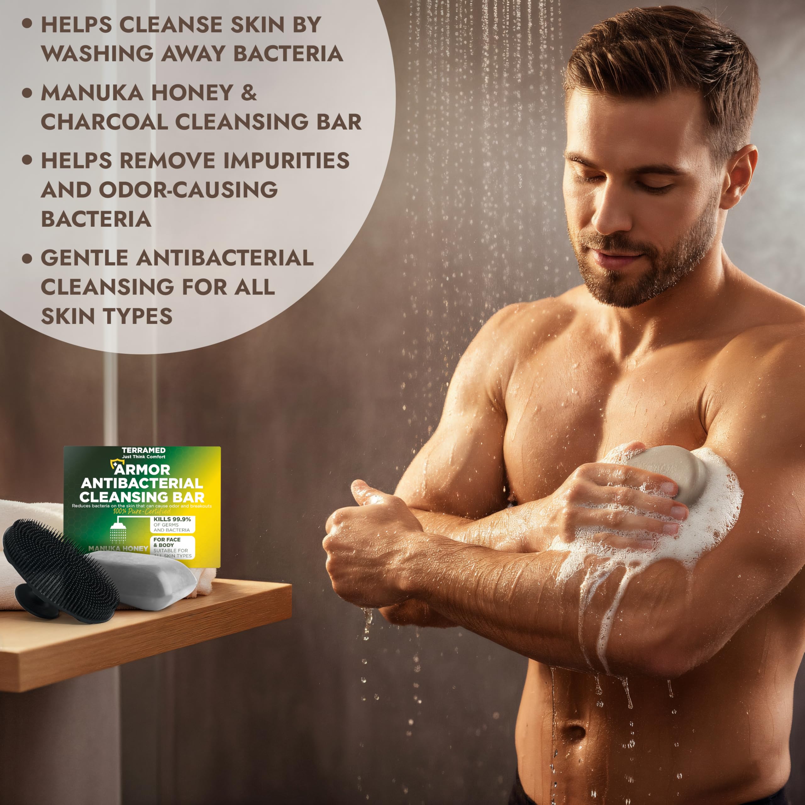 Terramed bar staged on bathroom shelf to show daily routine freshness
