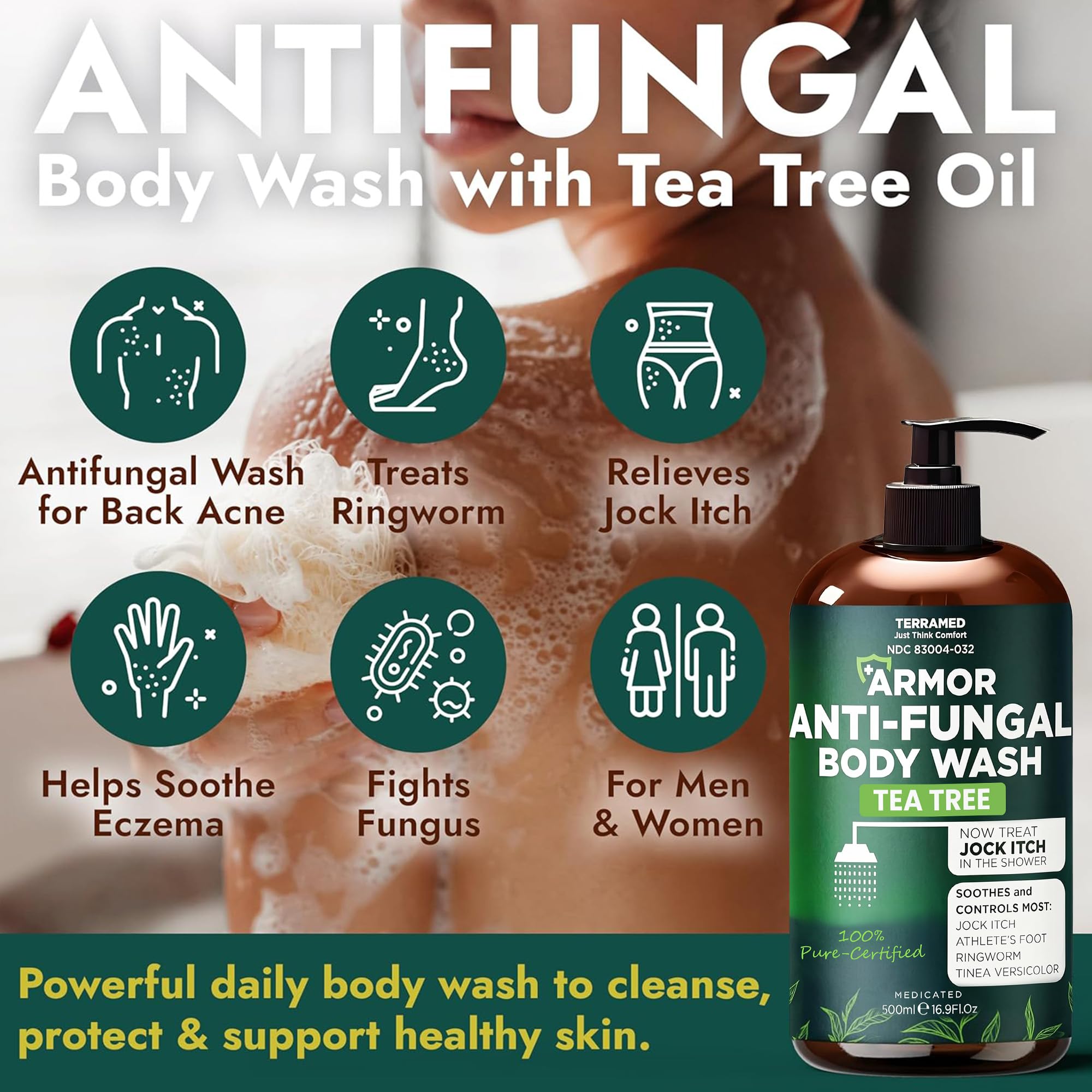Terramed Just Think Comfort in-use on feet demonstrating antifungal cleansing benefit