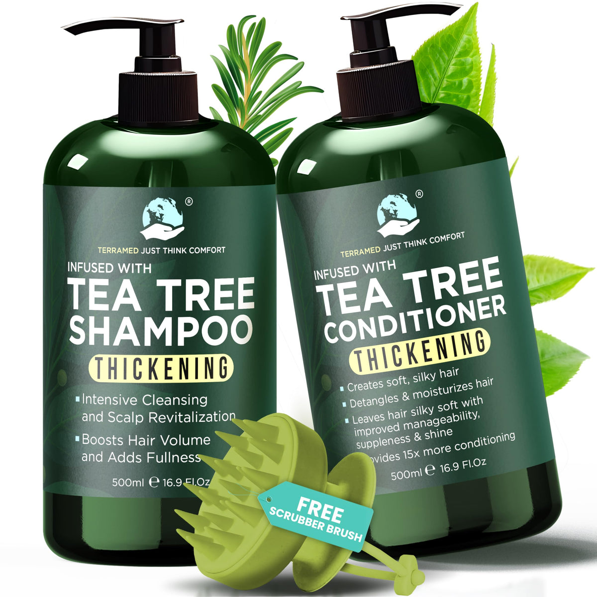 Terramed Just Think Comfort front packaging showing clarifying shampoo and conditioner benefits