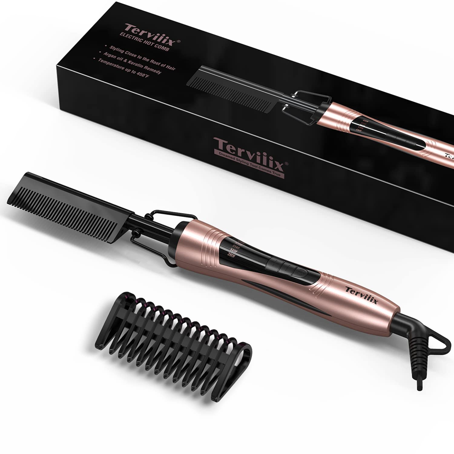 Terviiix front view of hot comb showing shape and safety shield benefit
