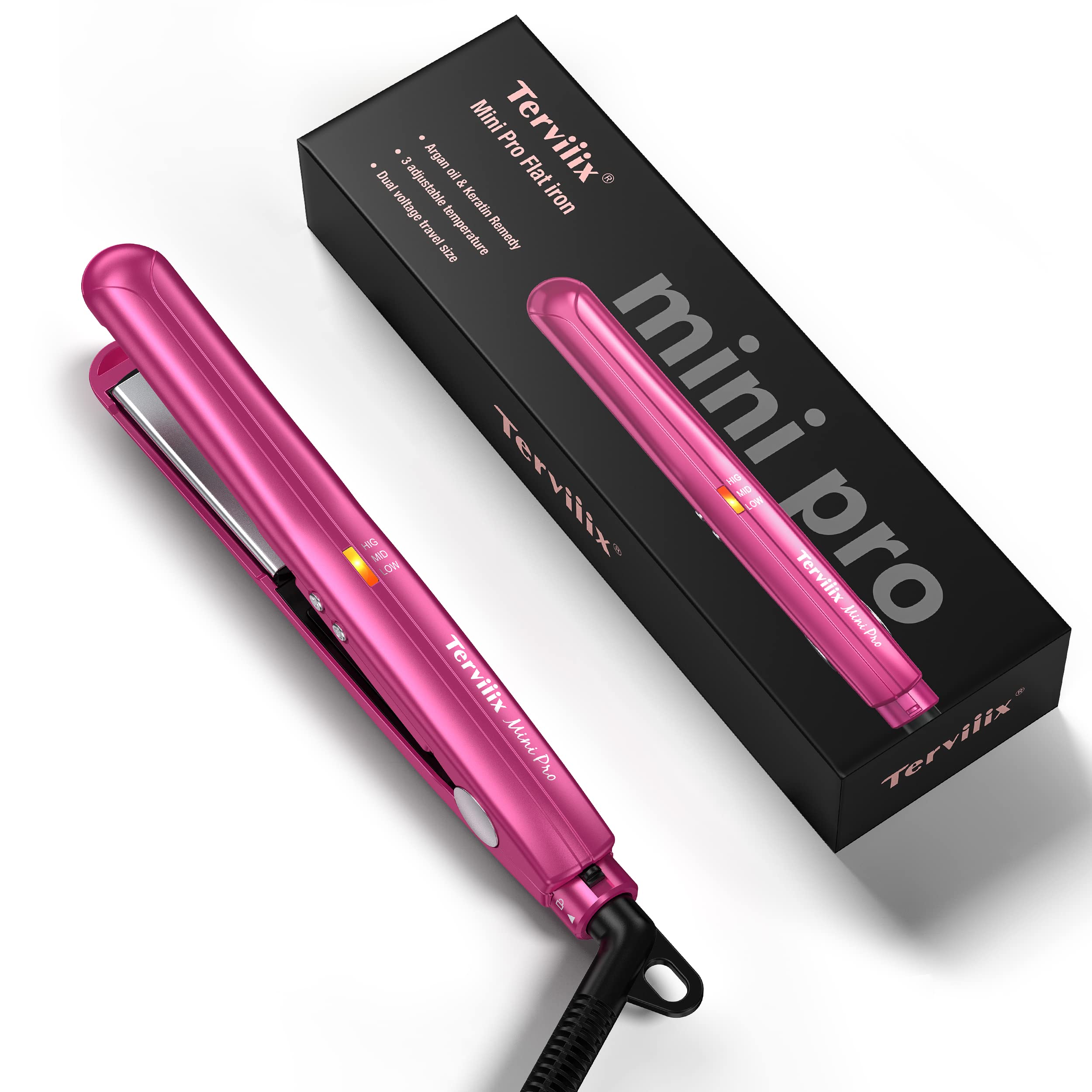 Terviiix mini flat iron front view showing compact pink design and clasp benefit quick styling