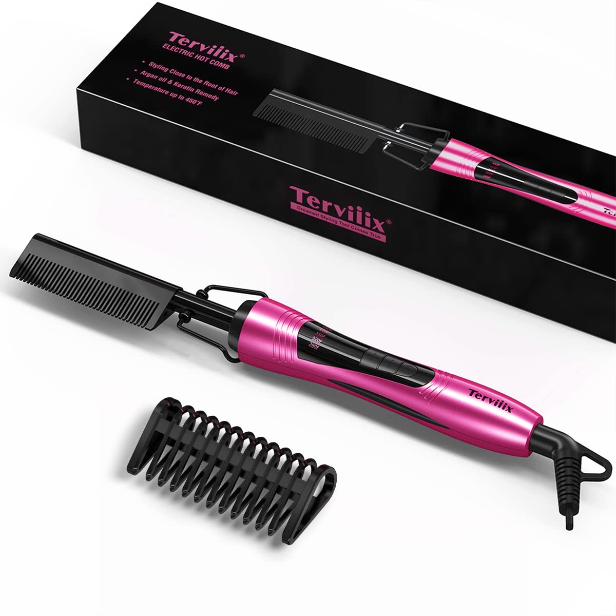Terviiix hot comb front view showing controls and ergonomic handle for ease