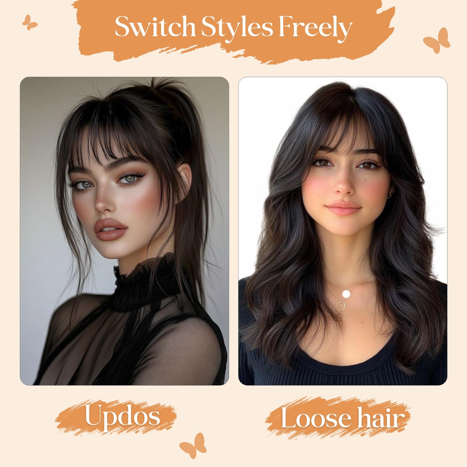 TESSHAIR lifestyle model wearing bangs showing natural middle-part benefit