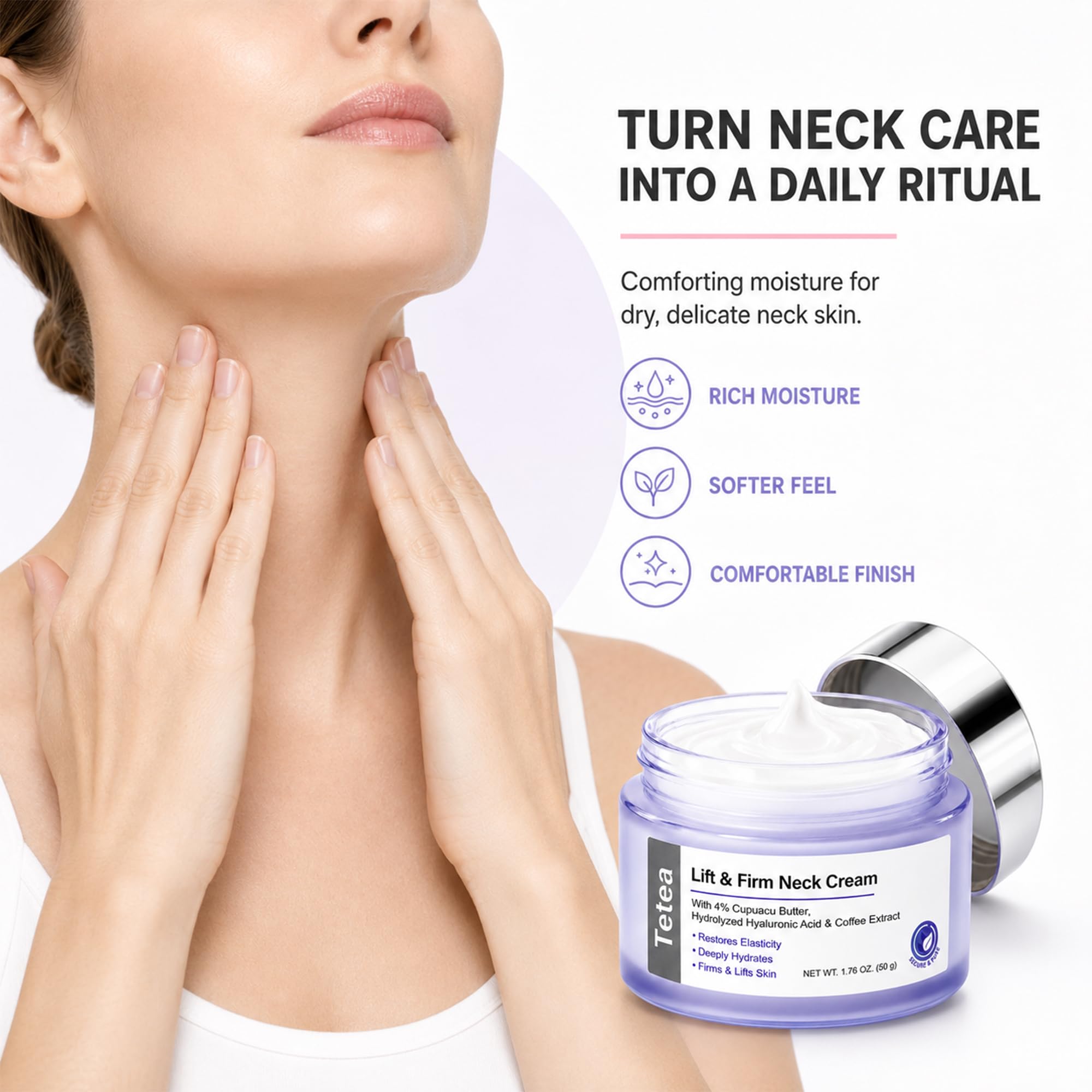 Tetea applying neck cream upward on neck to visibly soften crepey texture