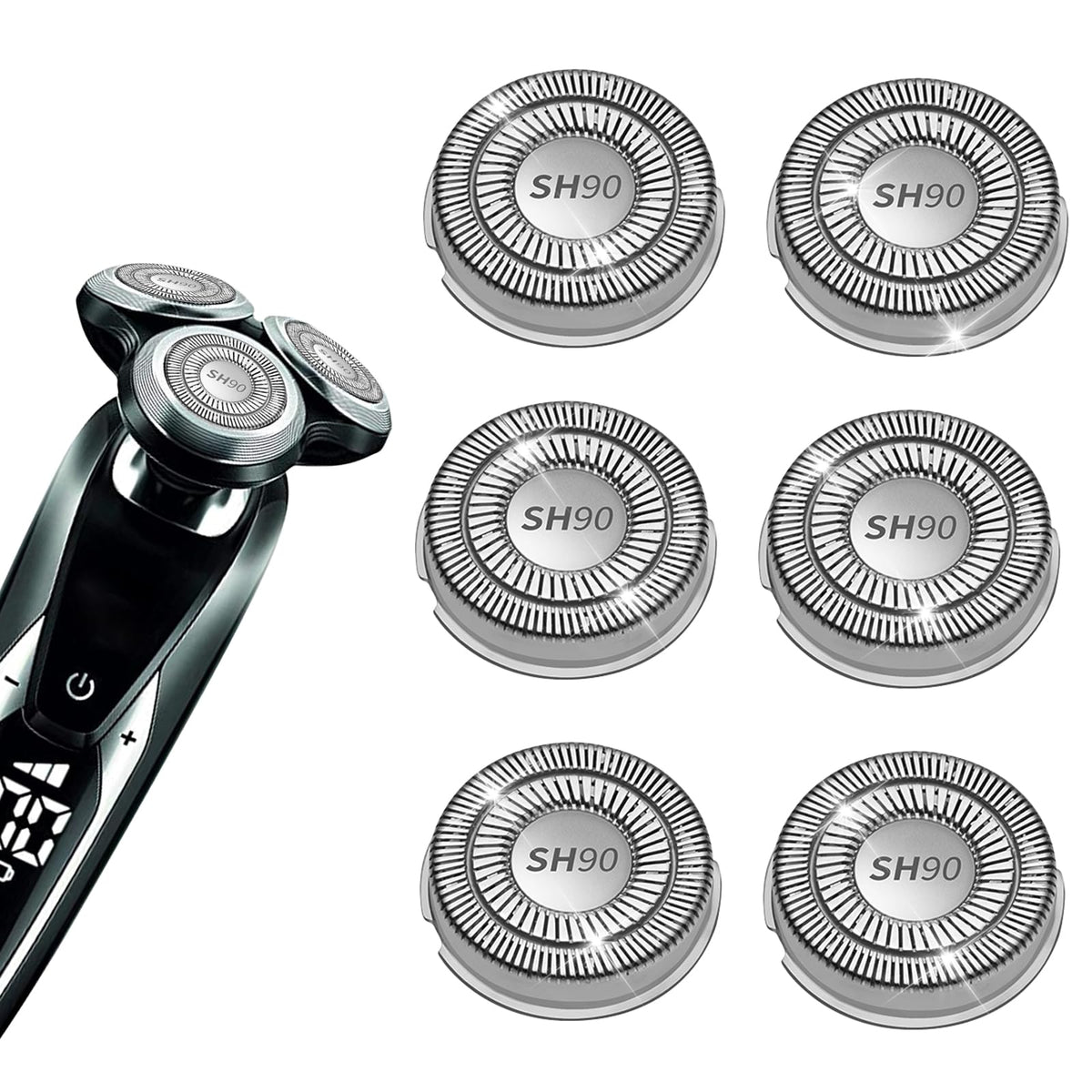 TGSBHIO SH90 front packaging showing six replacement heads, restores shave performance