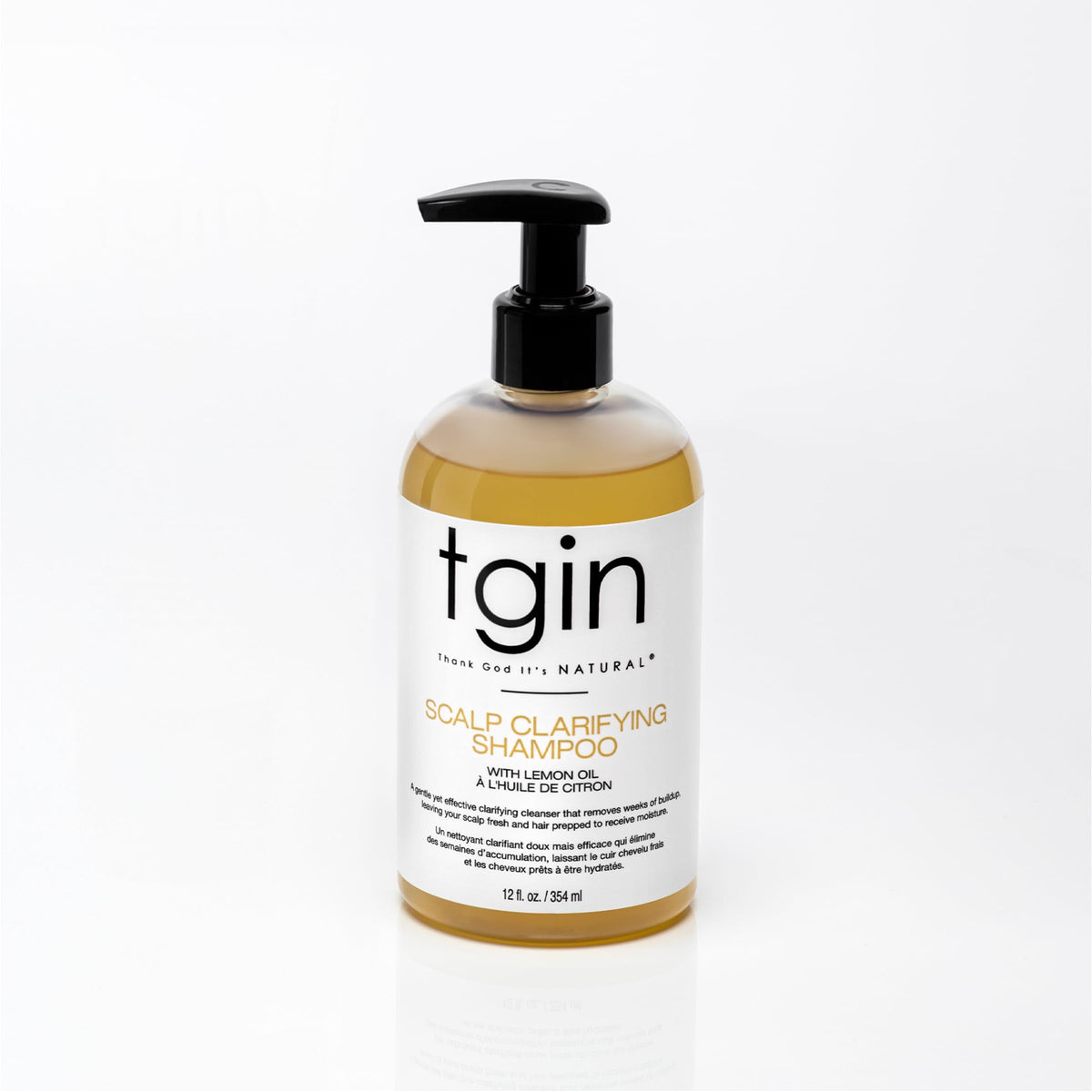 tgin scalp clarifying shampoo front bottle showing clean packaging and benefits