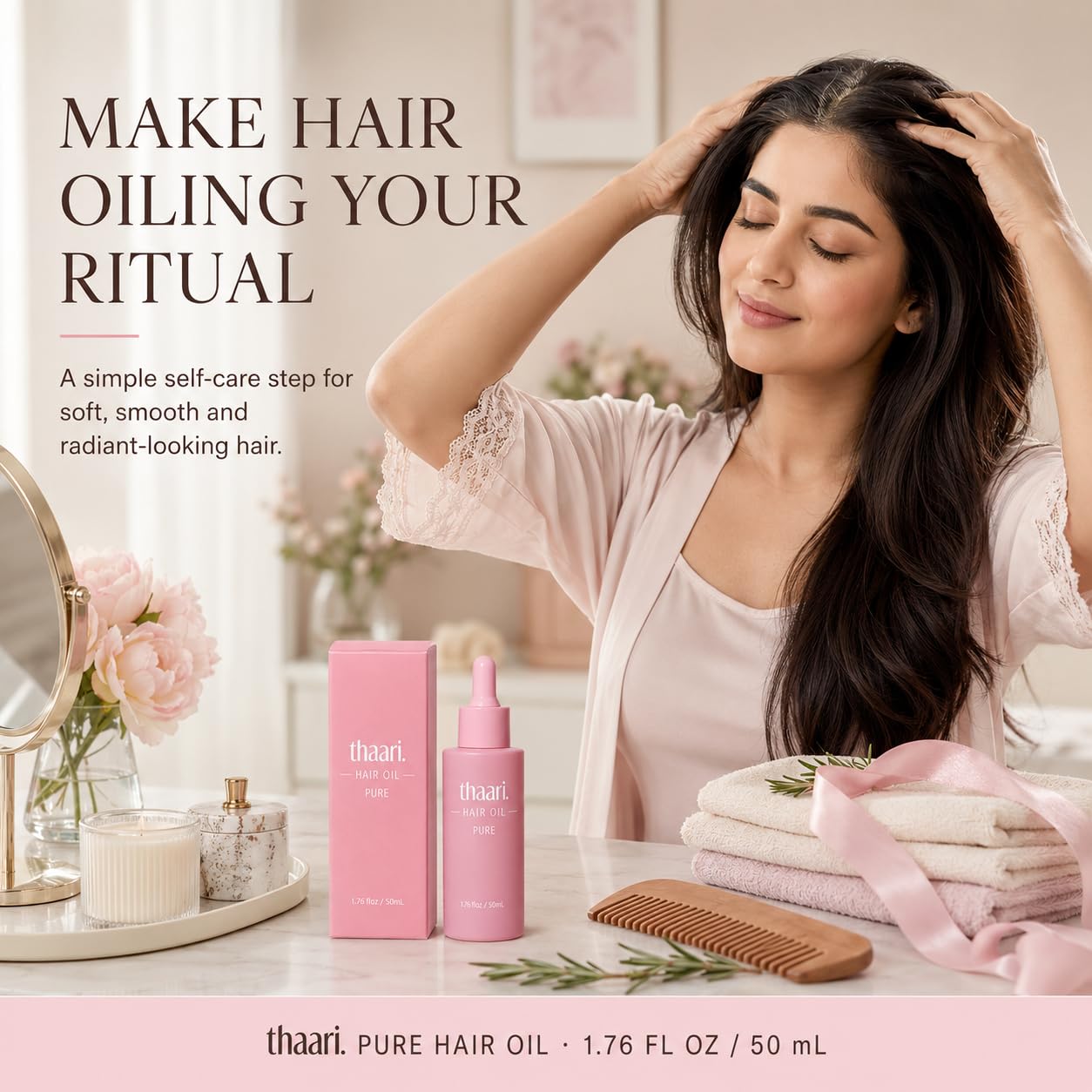 smooth shiny hair after using thaari oil showing softer strands