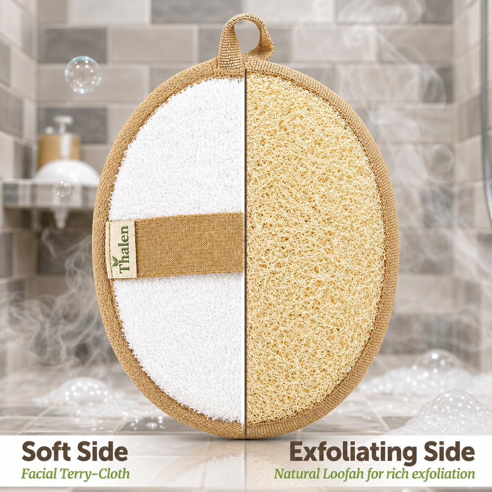 Thalen loofah dual-sided view showing cotton terry and loofah benefit