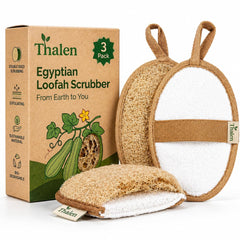 Thalen loofah front view showing three-pack and eco packaging benefit