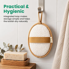 Thalen loofah in hand during shower demonstrating secure grip benefit