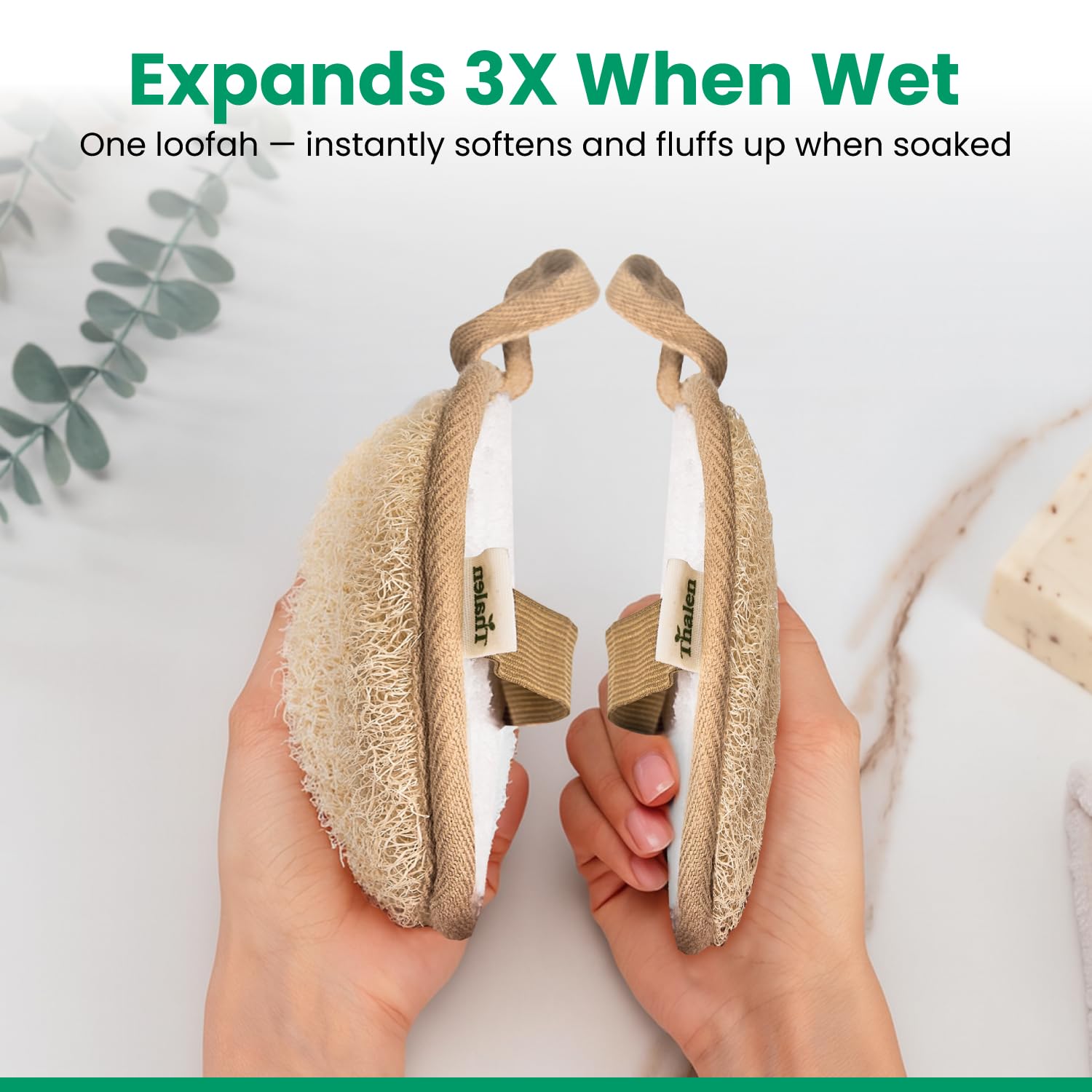 Thalen loofah styled in bathroom showing zero-plastic, natural decor benefit