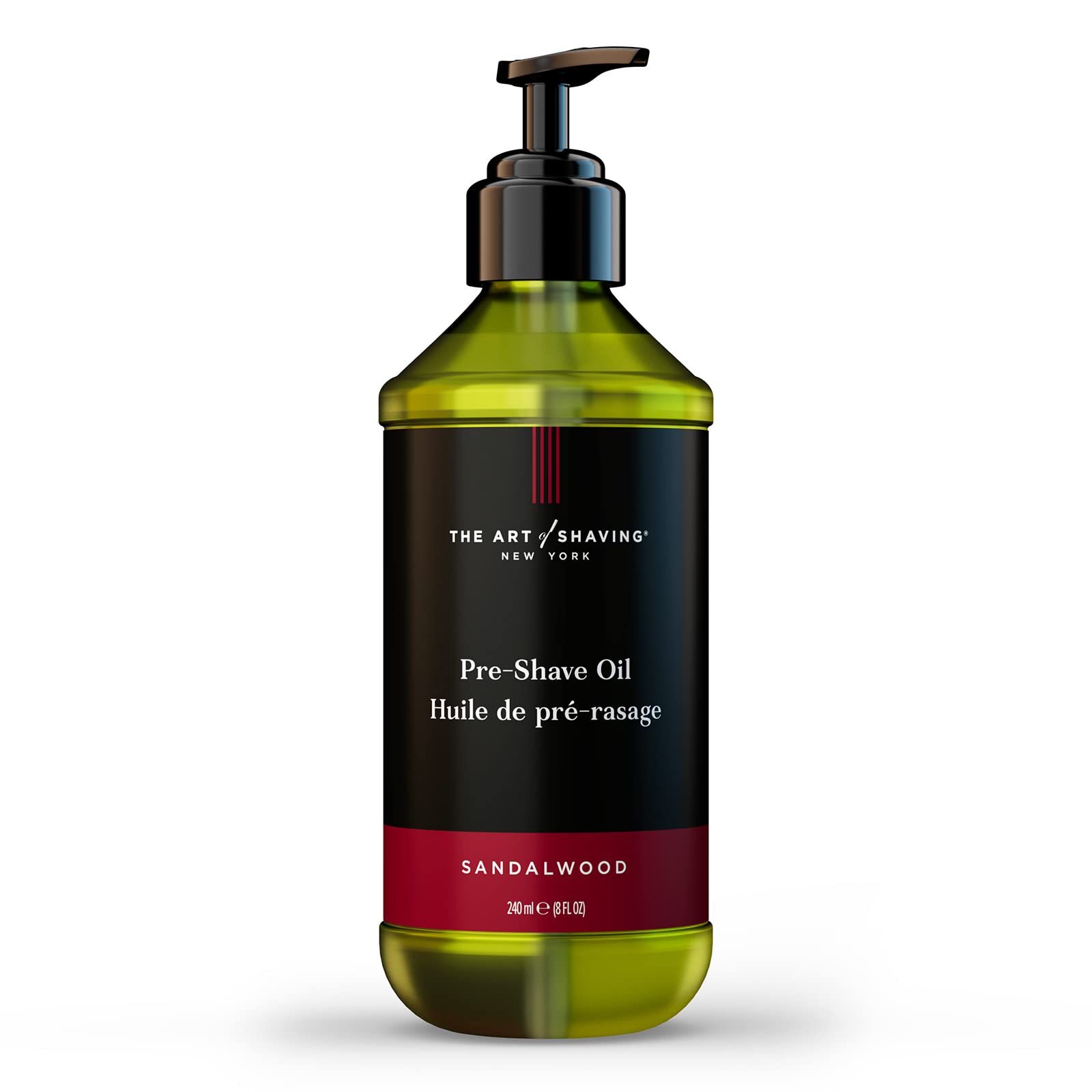 The Art of Shaving front bottle showing sandalwood pre-shave oil benefit: smooth razor glide
