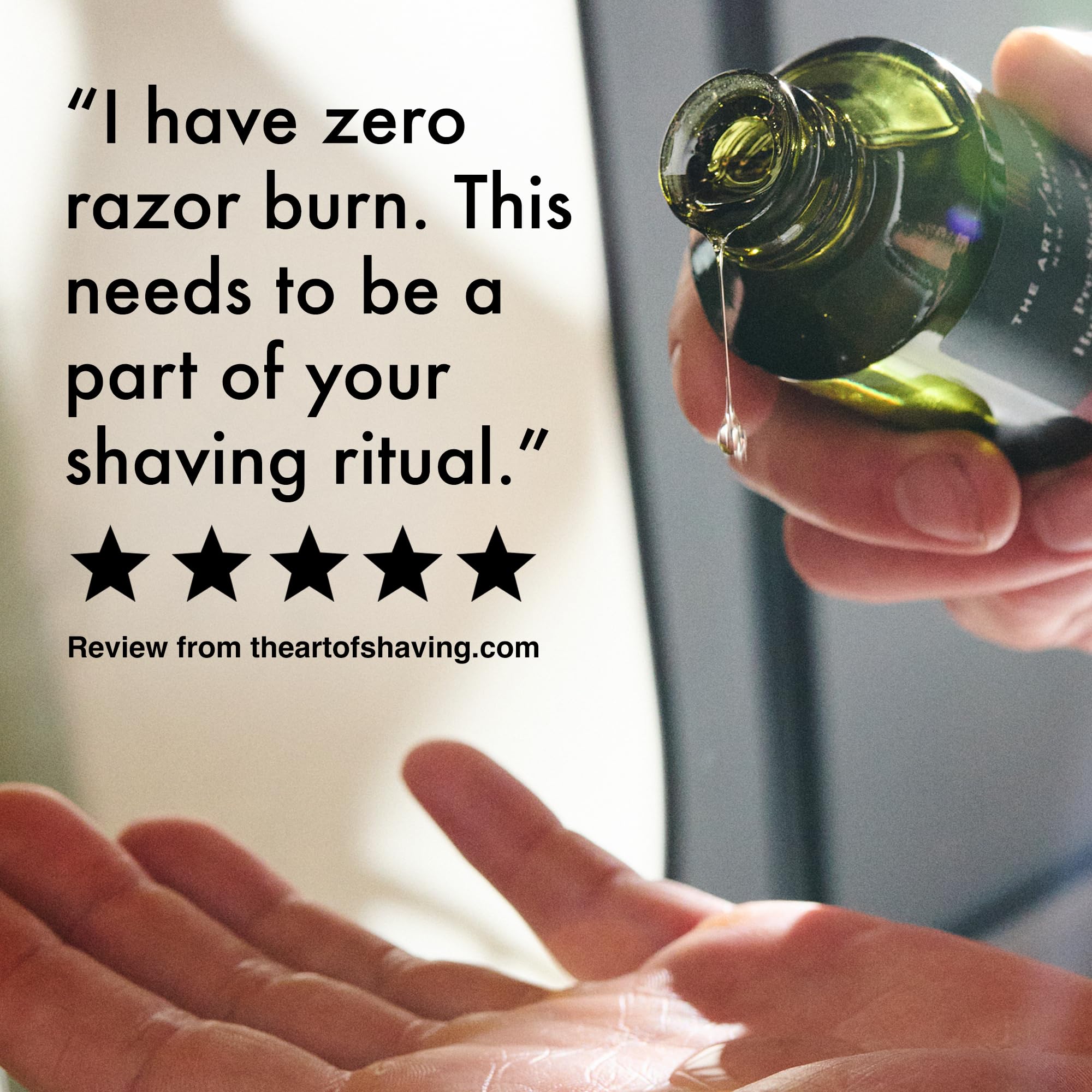 The Art of Shaving bottle placed beside steel razor showing improved shave performance benefit