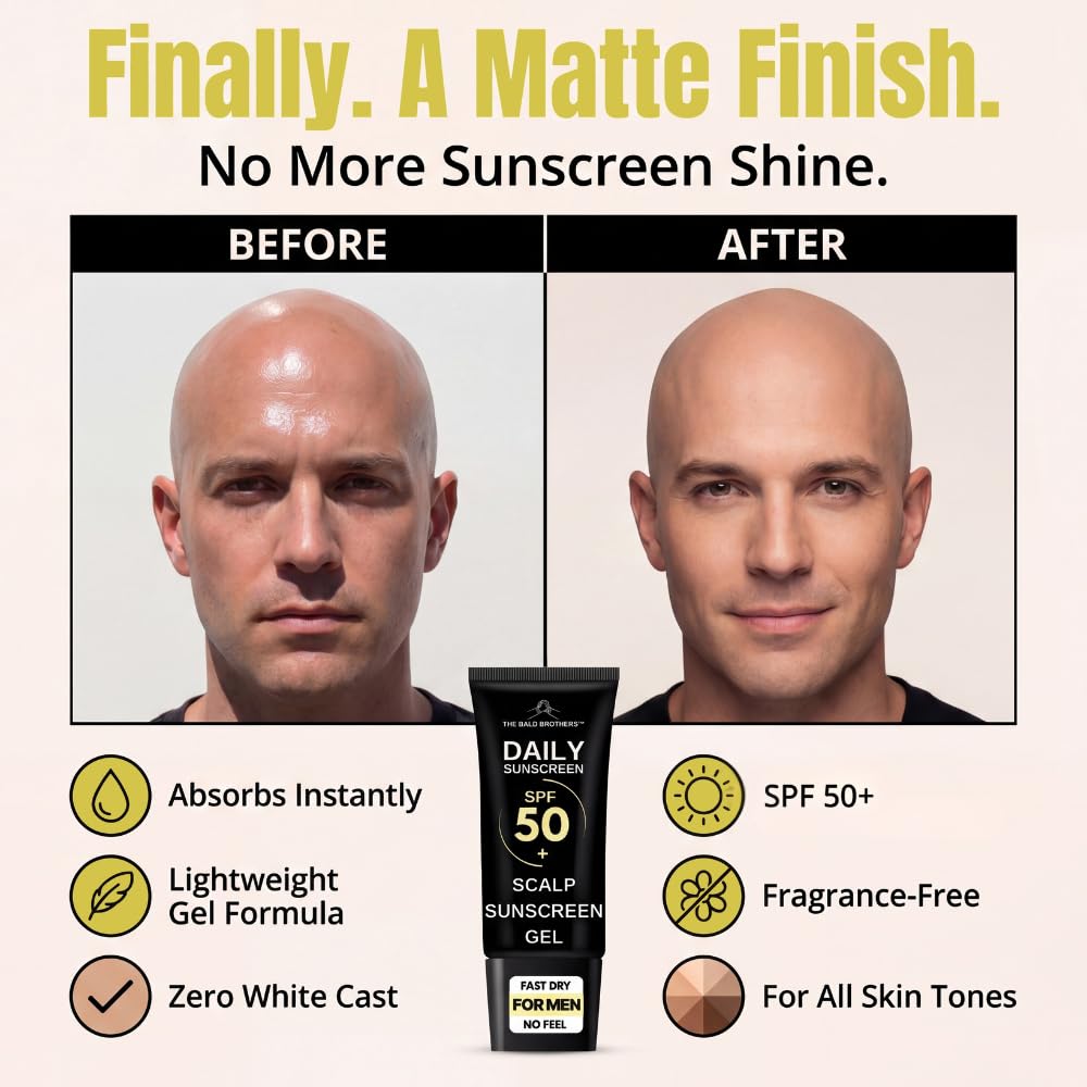 The Bald Brothers label close-up listing SPF50 and fragrance-free benefits