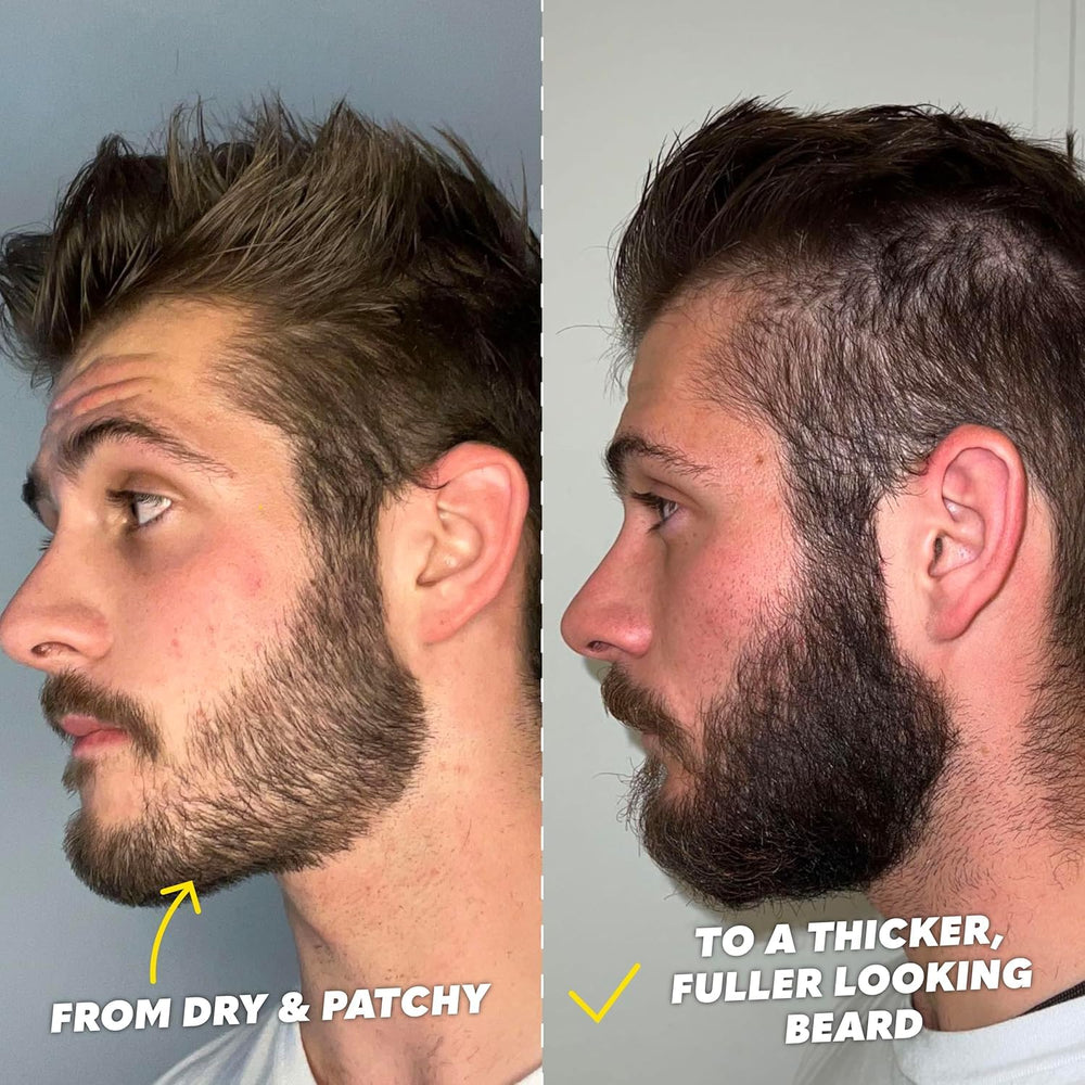 The Beard Club biotin balm tin opened to show texture, softens coarse facial hair