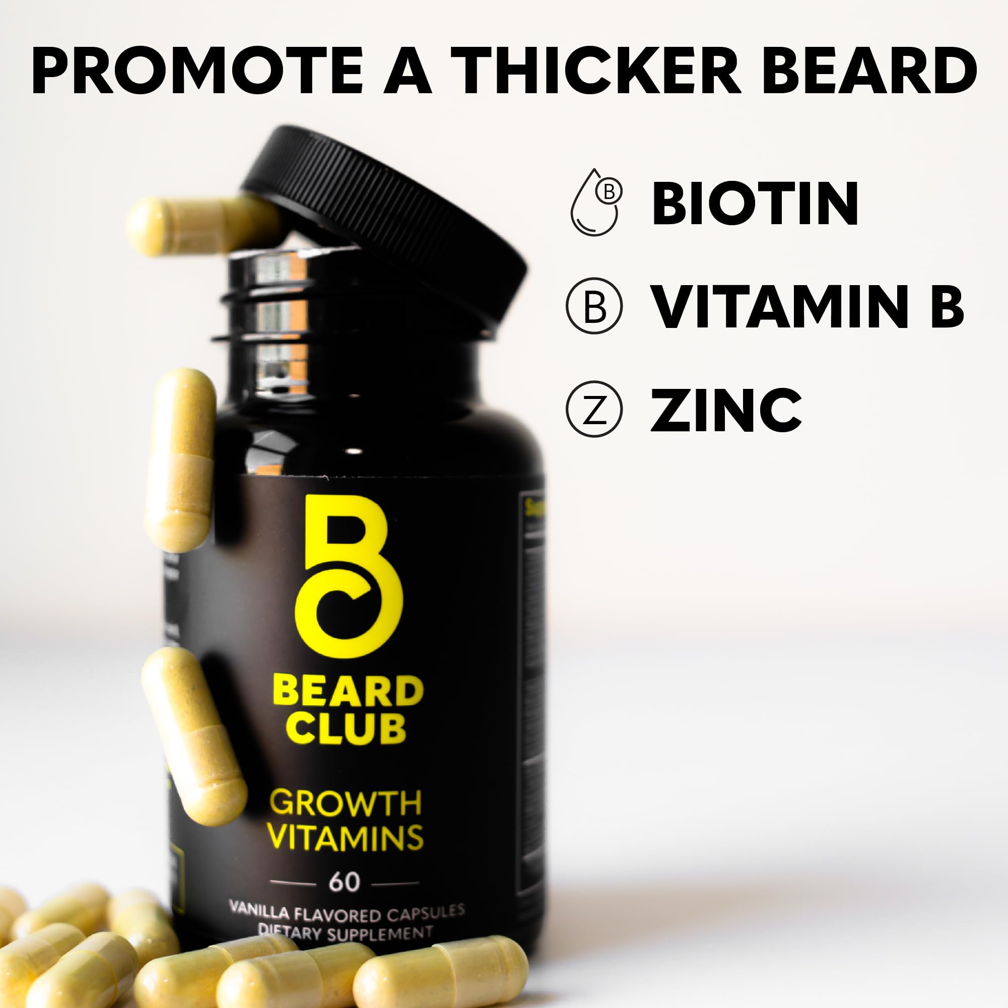 The Beard Club vitamins with beard oil flatlay promoting grooming synergy