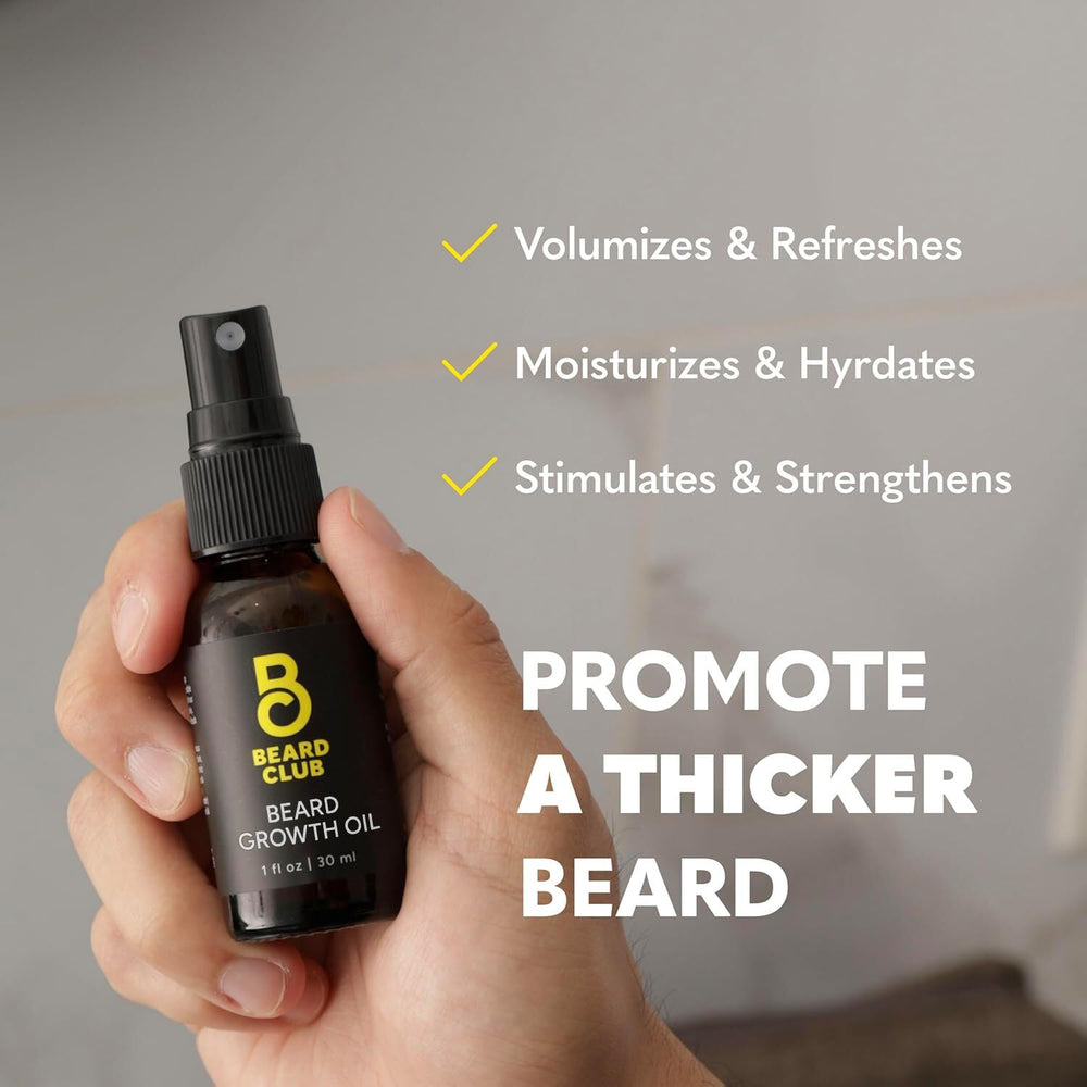 The Beard Club bottle beside natural ingredient pieces highlighting nourishing benefit