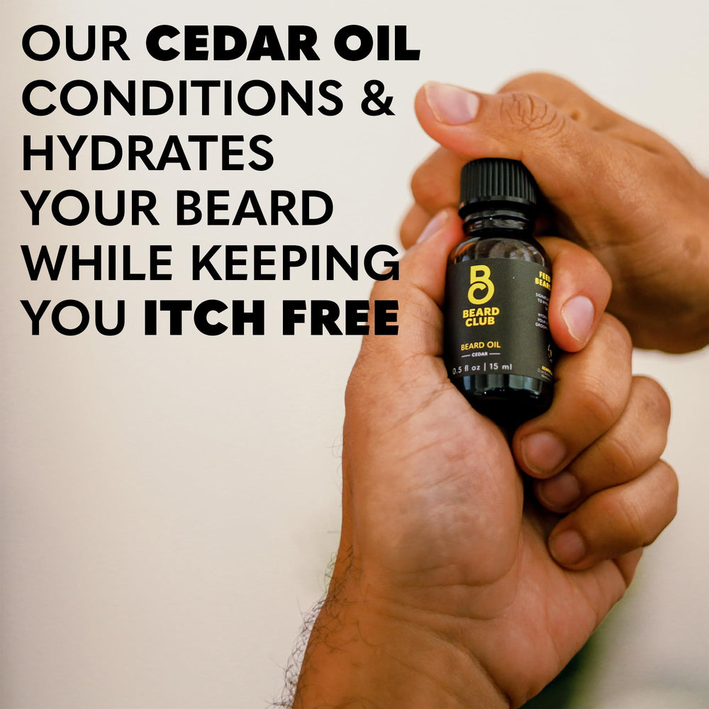 The Beard Club cedar beard oil pipette delivering conditioning drops