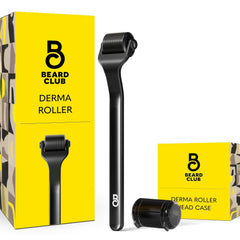 The Beard Club derma roller front view showing compact design and balanced handle benefits