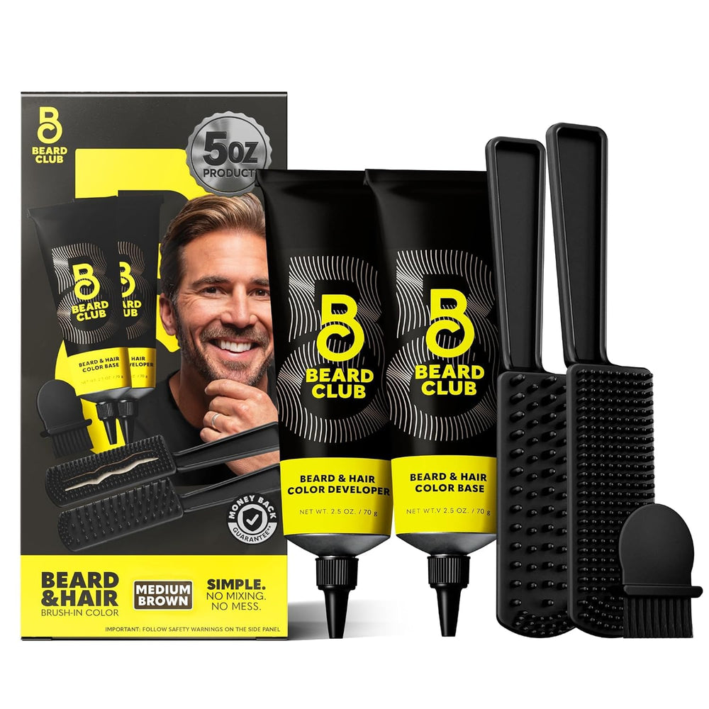 The Beard Club front packaging showing medium brown kit and clear labeling, convenient storage