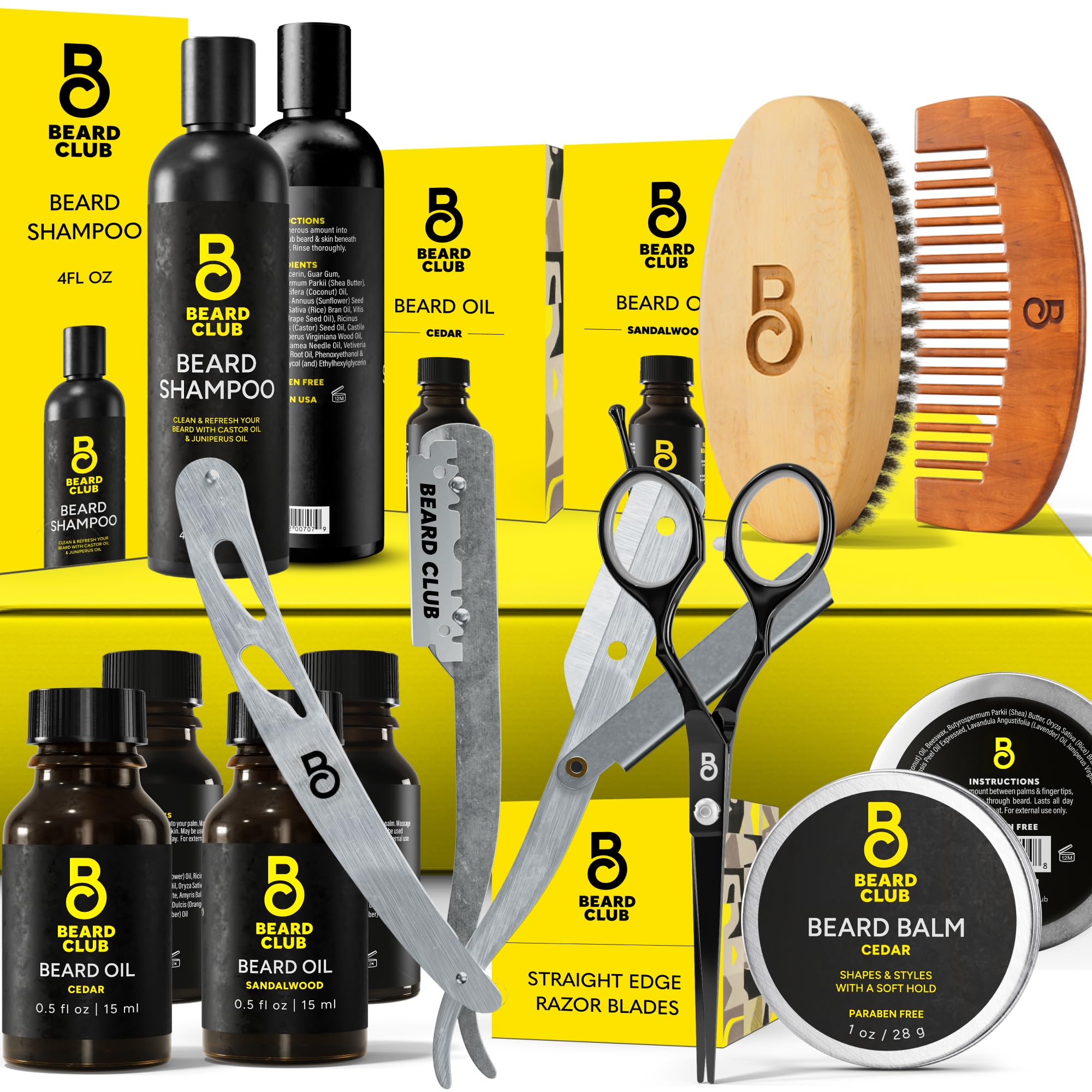 The Beard Club front packaging showing full grooming kit and gift-ready presentation