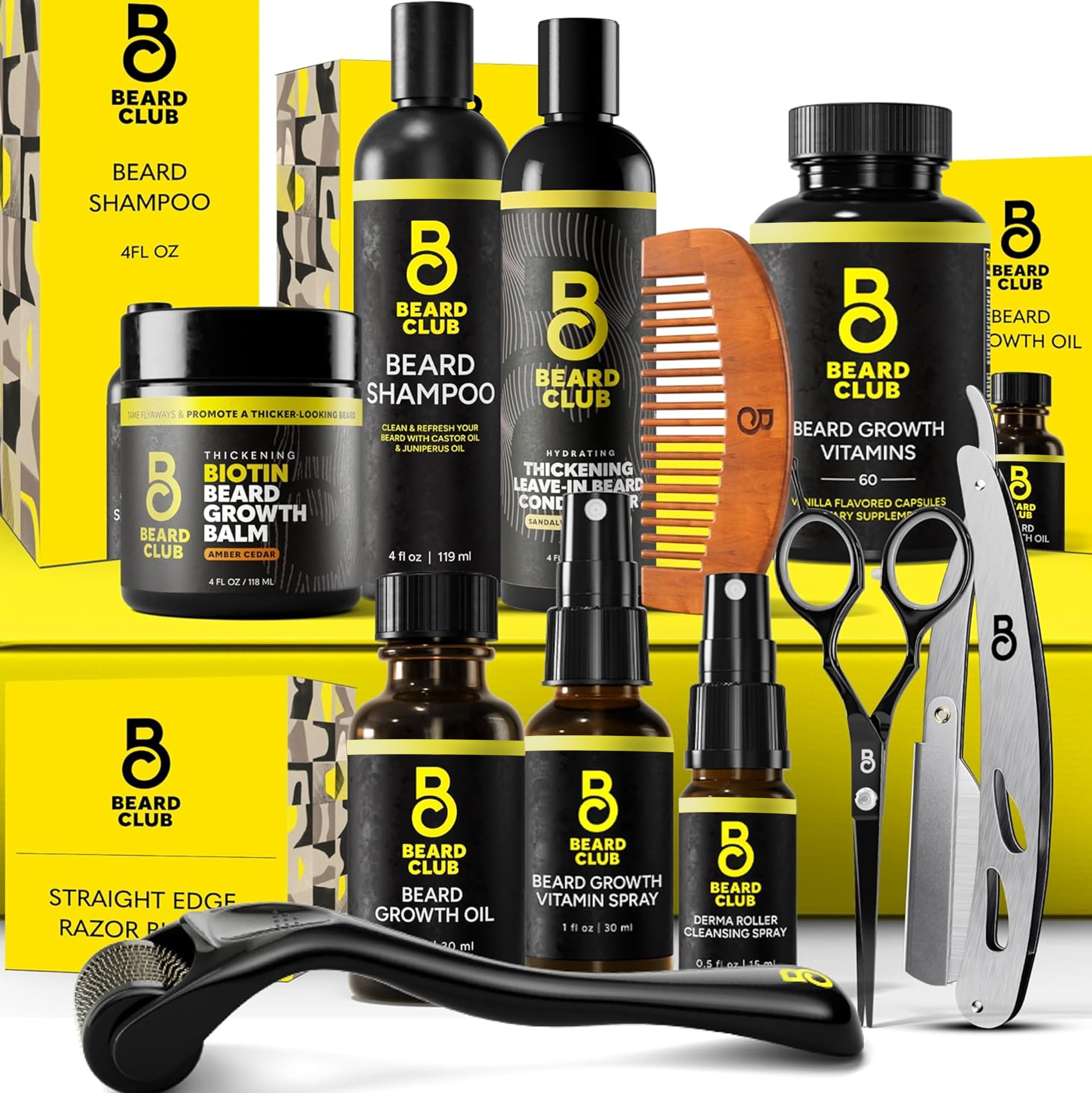 The Beard Club front packaging of the complete titanium growth kit, clear gift-ready presentation