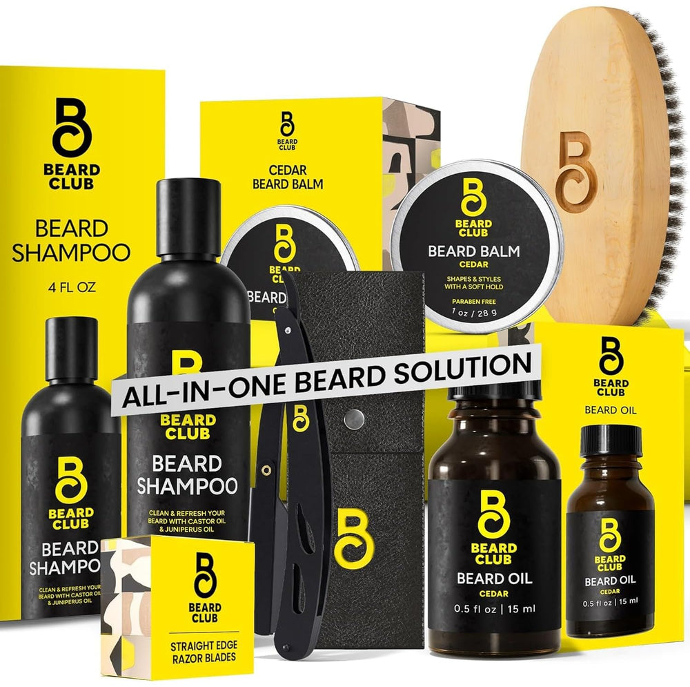 The Beard Club front packaging showing full grooming kit benefits