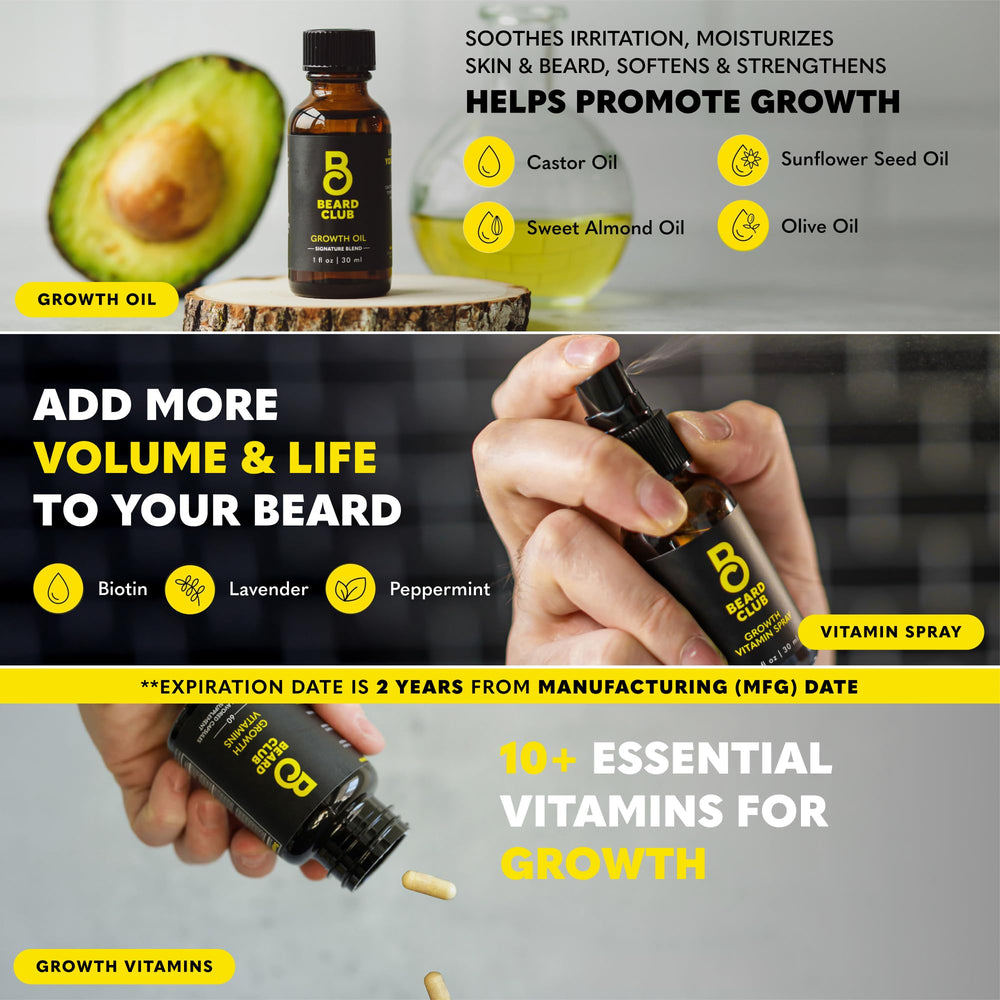 The Beard Club growth oil bottle detail showing dropper and moisturizing oils for softer beard