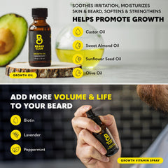 The Beard Club growth oil bottle displayed upright, nutrient-rich conditioning benefit