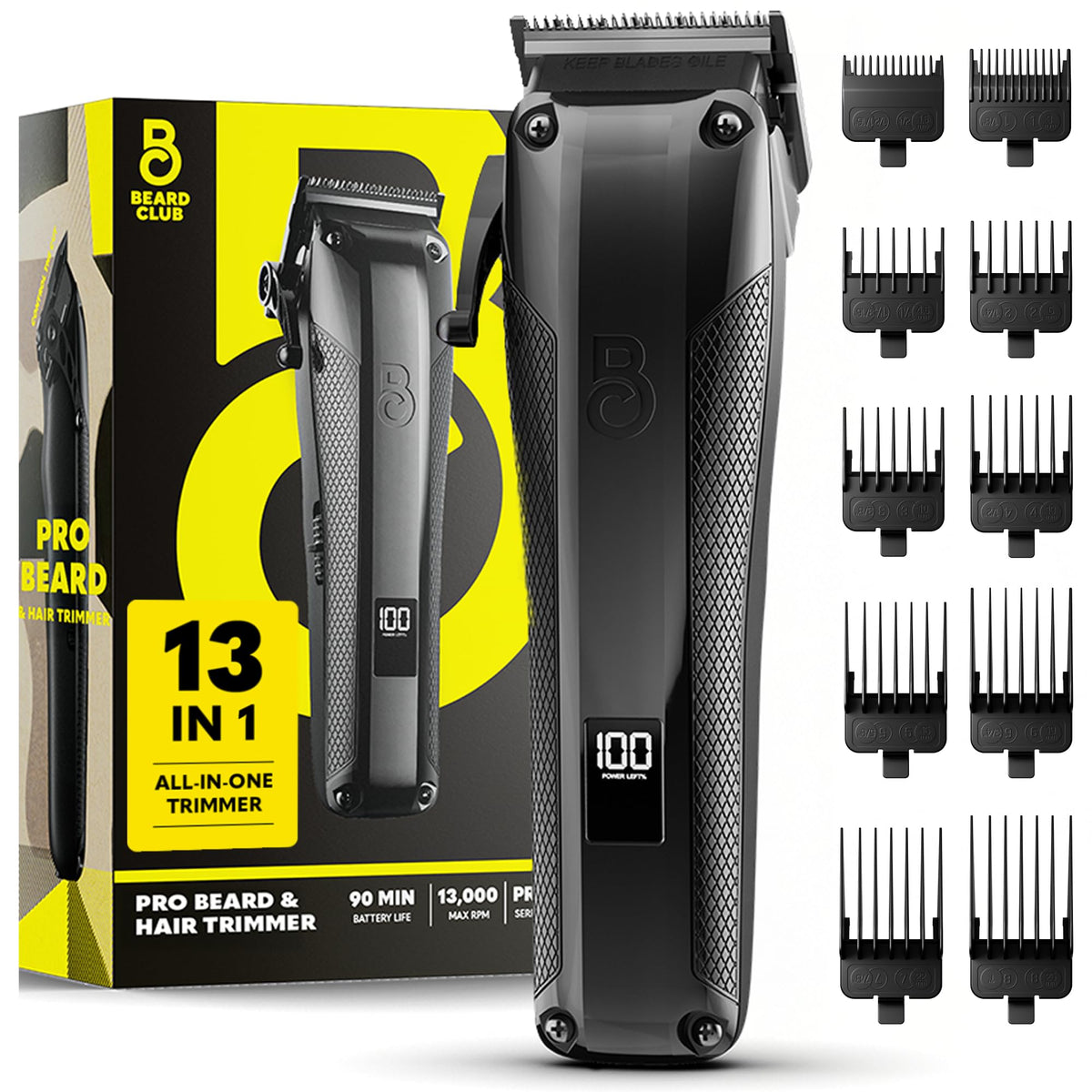 The Beard Club front view trimmer showing ergonomic grip and power button for comfortable control