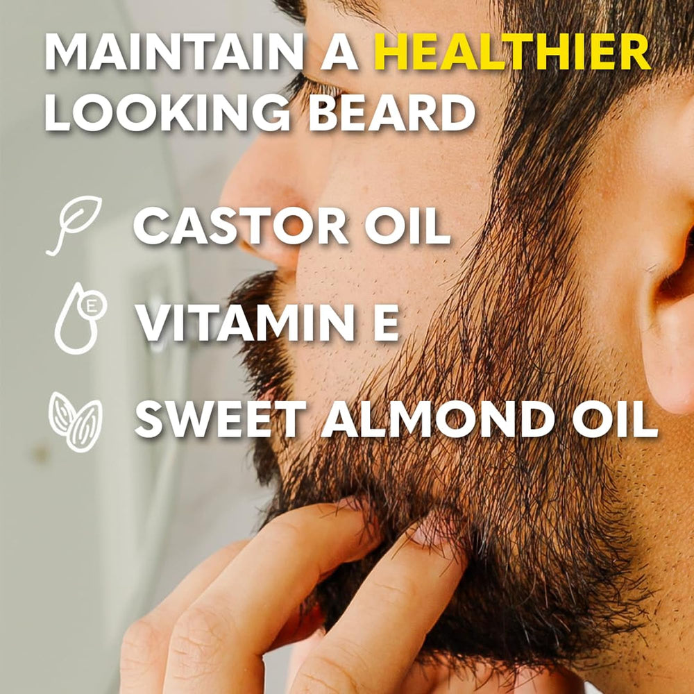 The Beard Club sandalwood oil bottle detail highlighting warm fragrance and softness