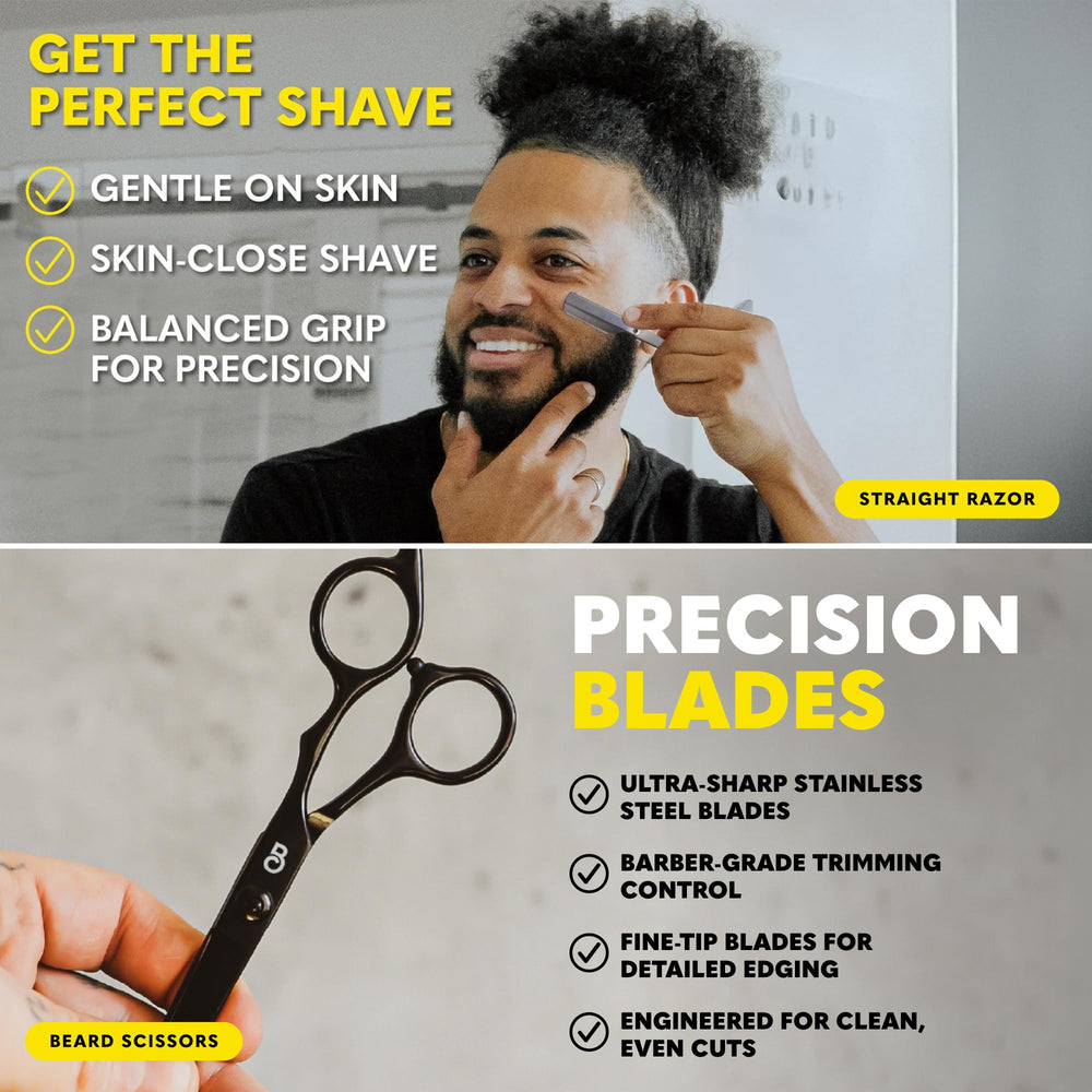 The Beard Club scissors and comb set arranged for trimming and styling control