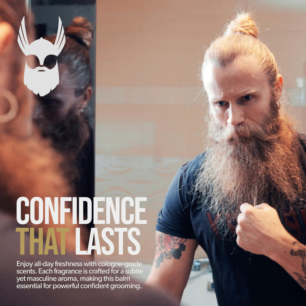 The Beard Struggle label close-up highlighting Valhalla’s Gates fragrance