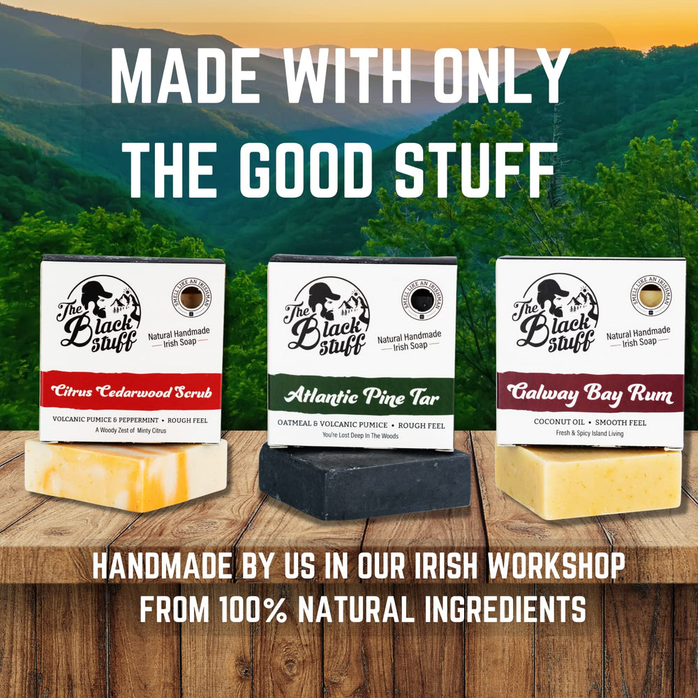 The Black Stuff soap bar close-up texture highlighting creamy lather and organic ingredients benefit