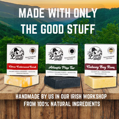 The Black Stuff soap bar close-up texture highlighting creamy lather and organic ingredients benefit