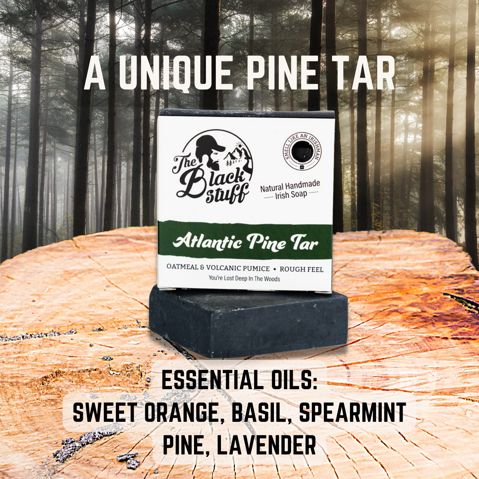 The Black Stuff bay rum label closeup emphasizing handcrafted ingredients and classic scent benefit