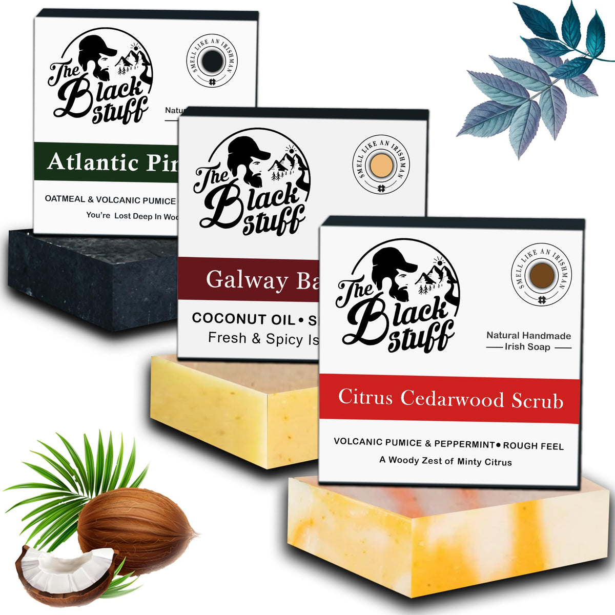 The Black Stuff front packaging showing three boxed soap bars and natural branding for easy gifting