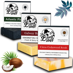 The Black Stuff front packaging showing three boxed soap bars and natural branding for easy gifting