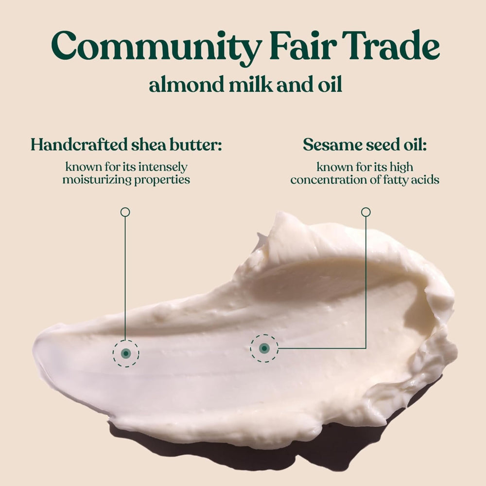 The Body Shop almond milk applied on palm demonstrating fast absorption and non-greasy feel