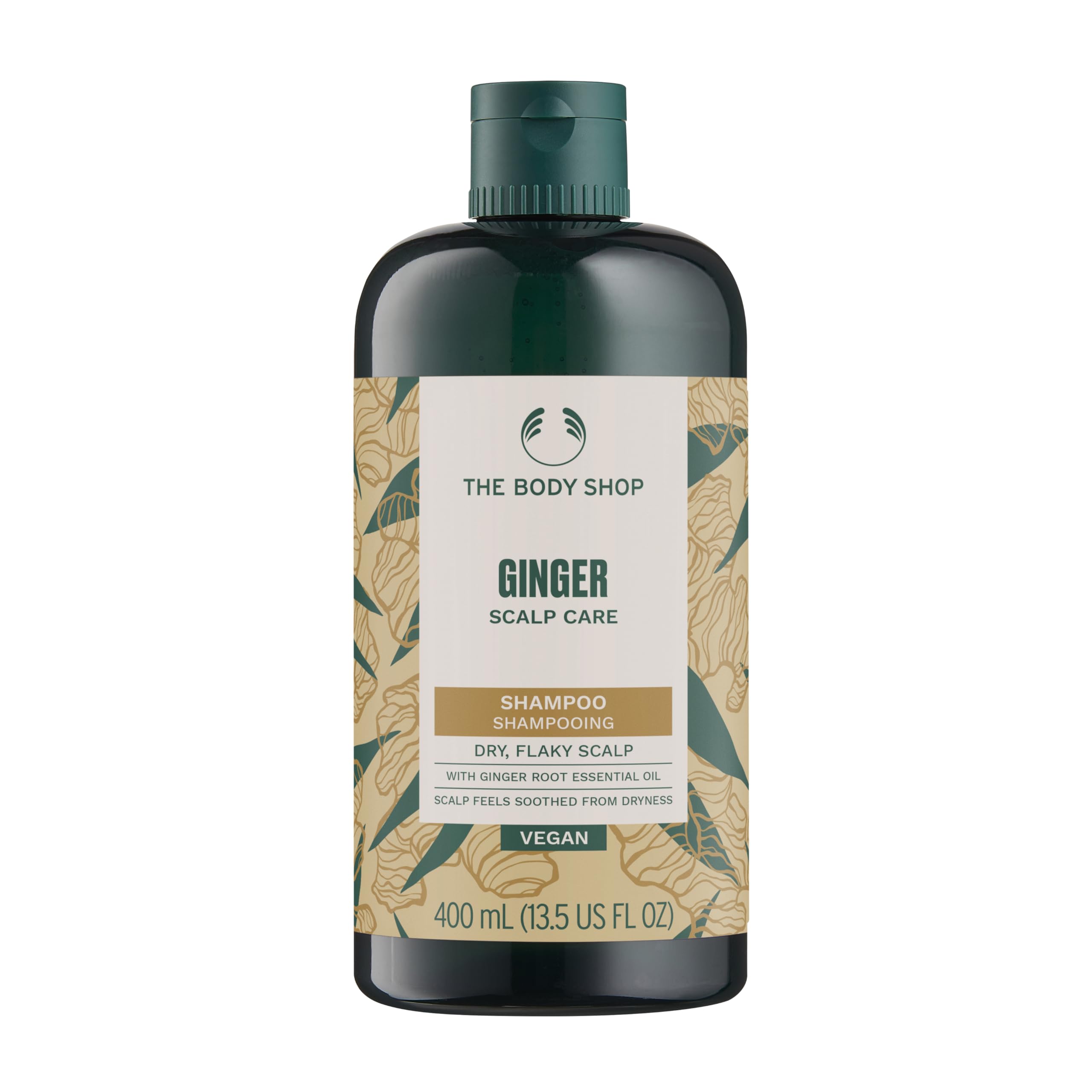 The Body Shop ginger shampoo front bottle showing label and size benefit: clear product info