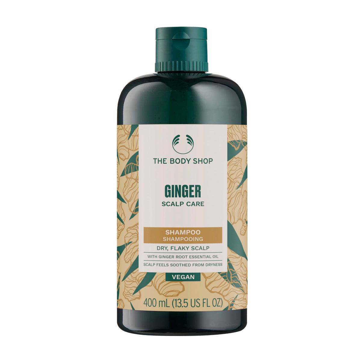 The Body Shop ginger shampoo front bottle showing label and size benefit: clear product info