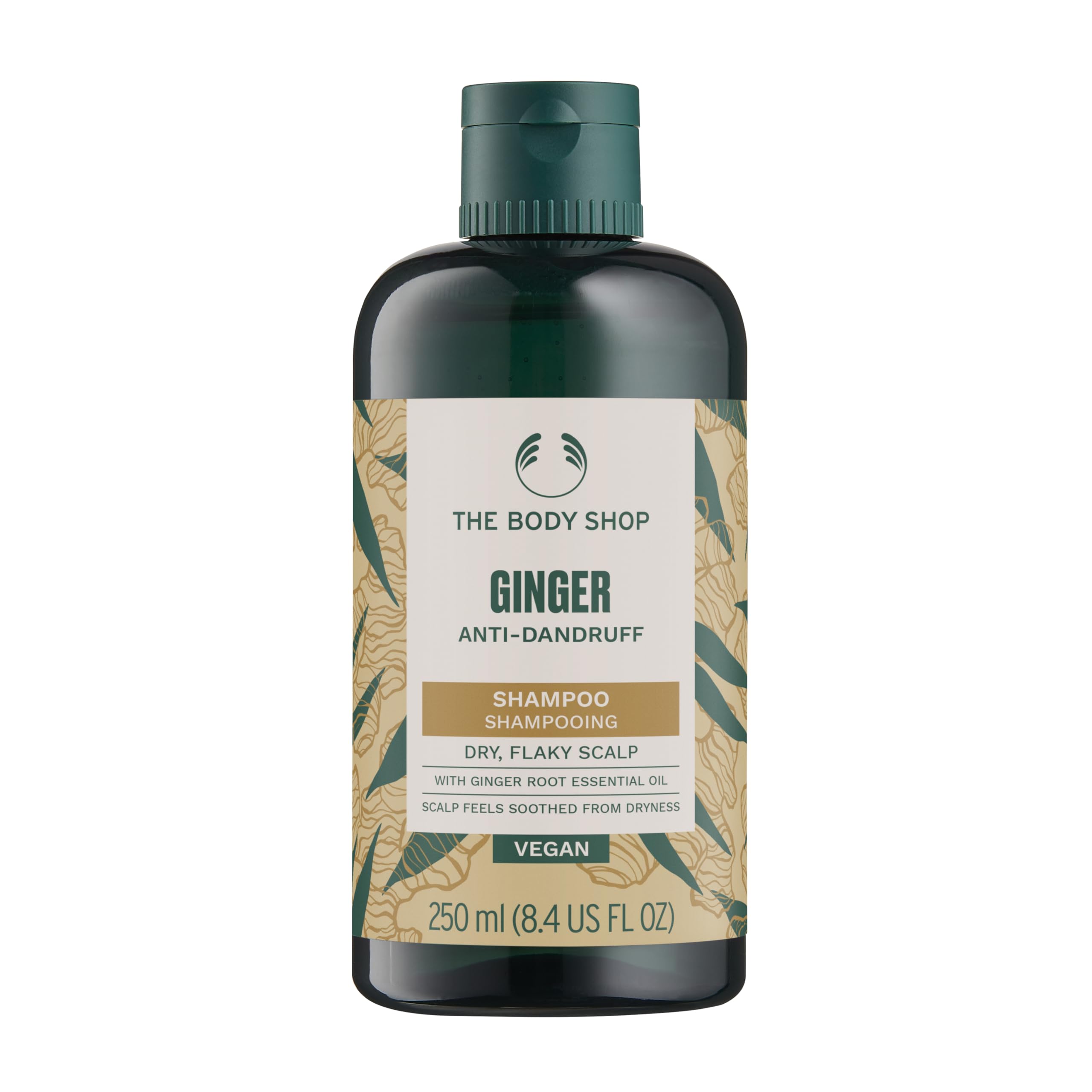 The Body Shop bottle front packaging showing calming ginger scent and benefit