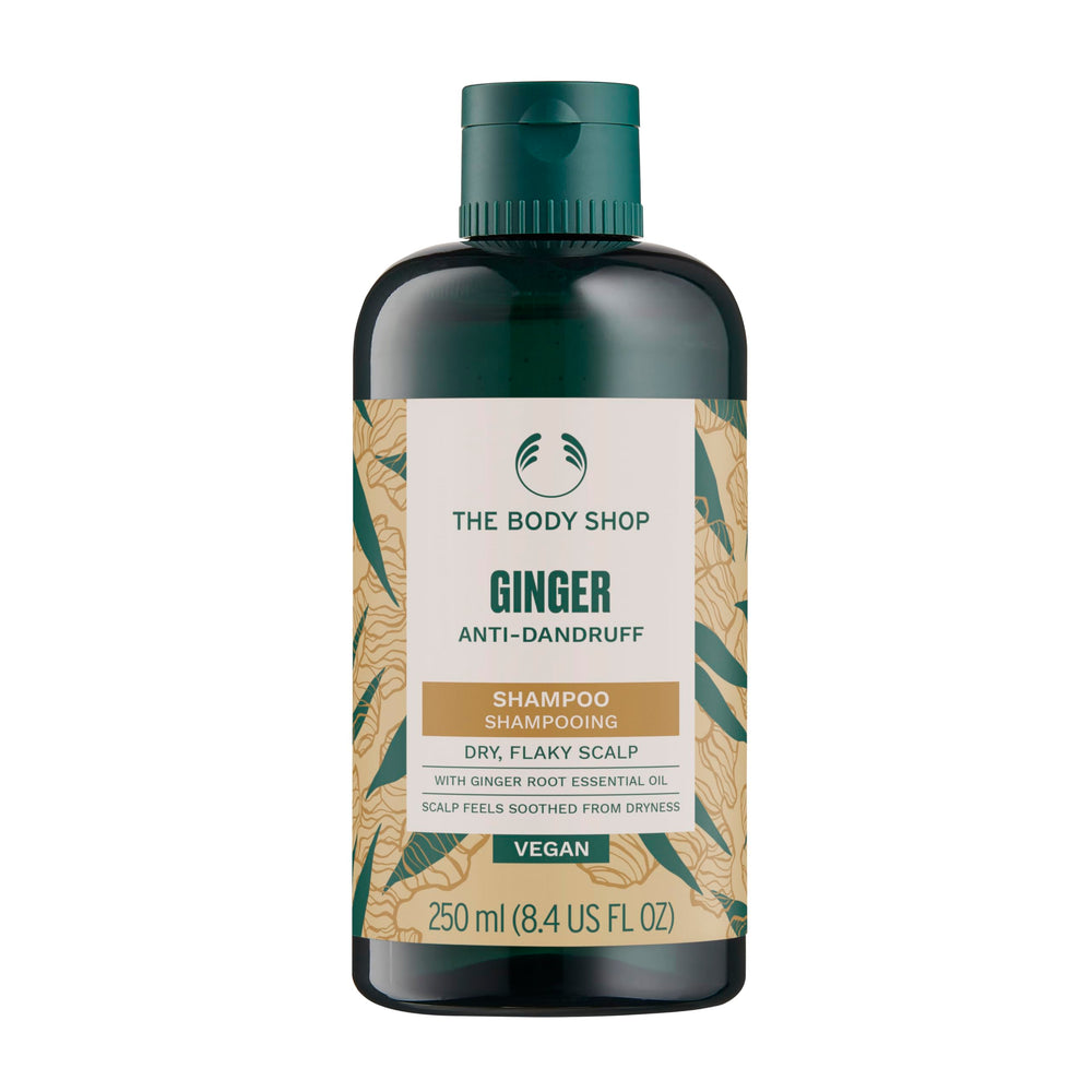 The Body Shop bottle front packaging showing calming ginger scent and benefit